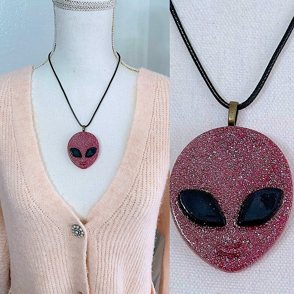 Pink Glitter resin Alien Pendant Necklace